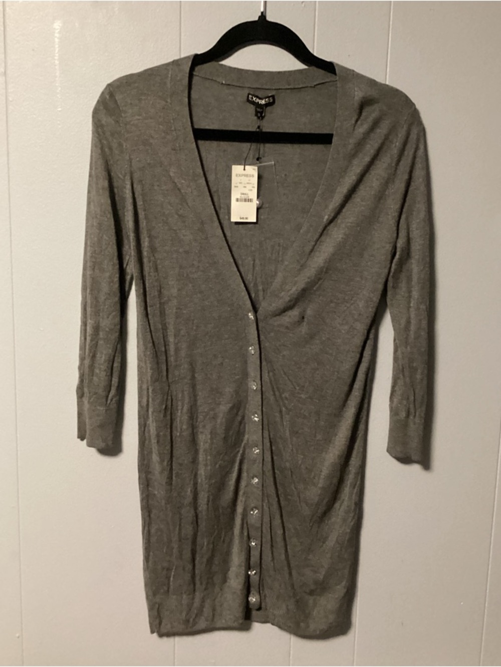 NWT Women’s Express Gray 3/4 Sleeve Soft Cardigan w/ Rhinestone like buttons